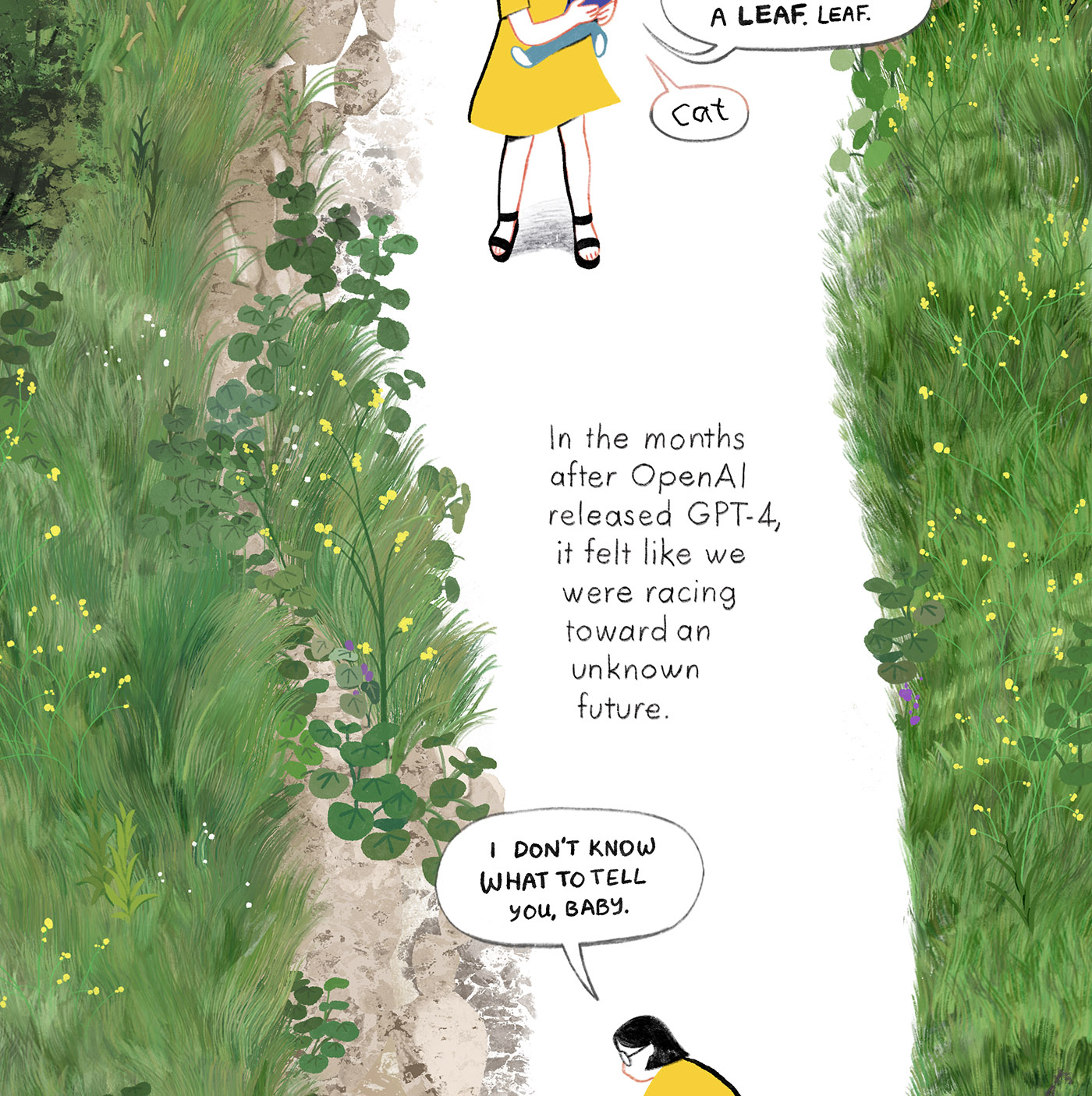 A mother and child walking on path.